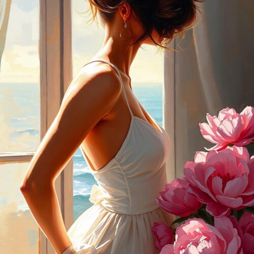 Woman by the Window Poster – Romantic Realism Oil Painting Style picture