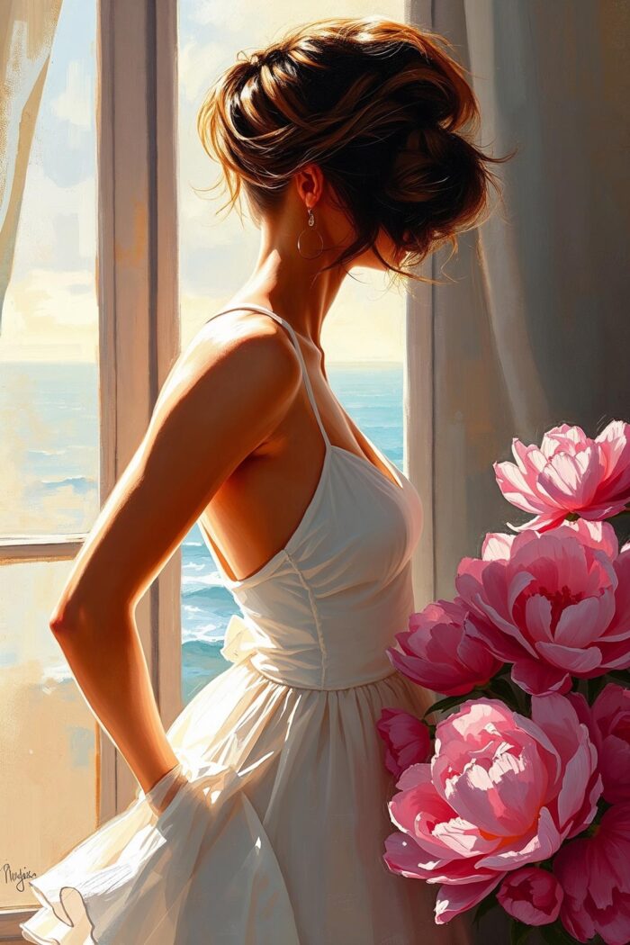 Woman by the Window Poster – Romantic Realism Oil Painting Style picture
