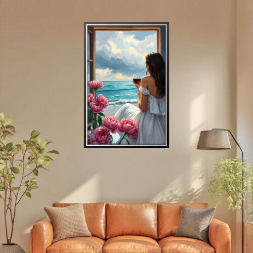 Woman with Wine by the Sea Poster – Romantic Realism Oil Painting Style picture