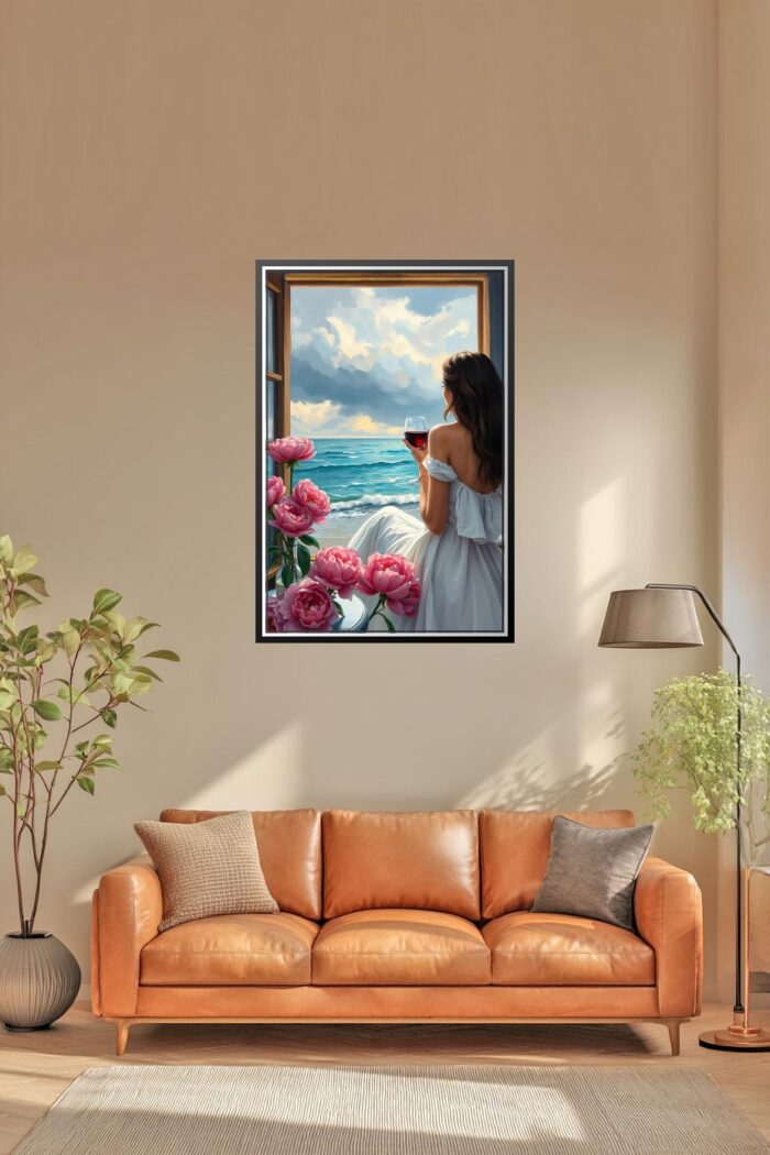 Woman with Wine by the Sea Poster – Romantic Realism Oil Painting Style picture