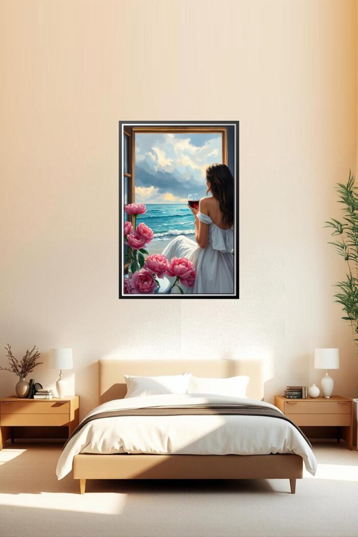 Woman with Wine by the Sea Poster – Romantic Realism Oil Painting Style picture