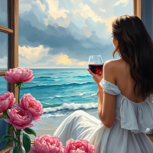 Woman with Wine by the Sea Poster – Romantic Realism Oil Painting Style picture