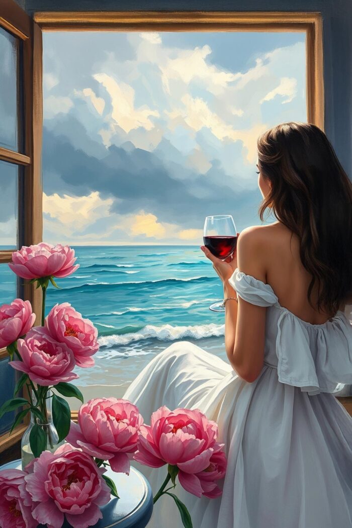 Woman with Wine by the Sea Poster – Romantic Realism Oil Painting Style picture