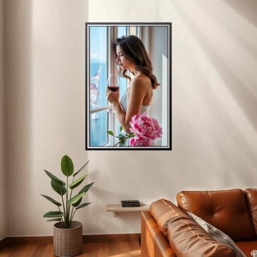 Woman with Wine by the Window Poster – Contemporary Realism Art Style picture