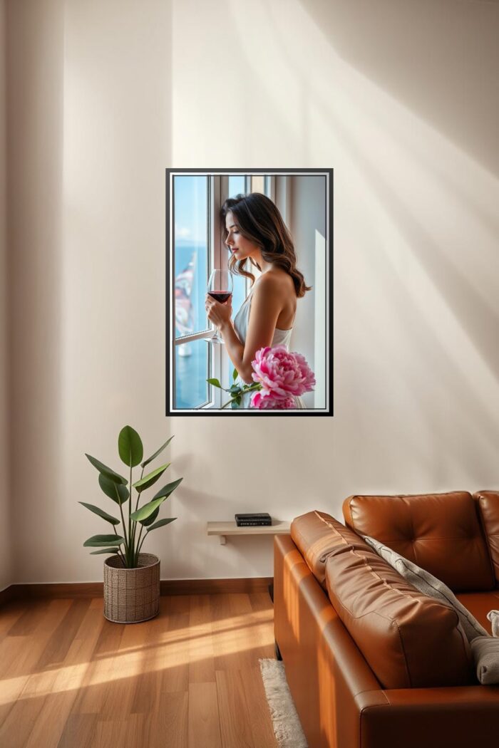 Woman with Wine by the Window Poster – Contemporary Realism Art Style picture