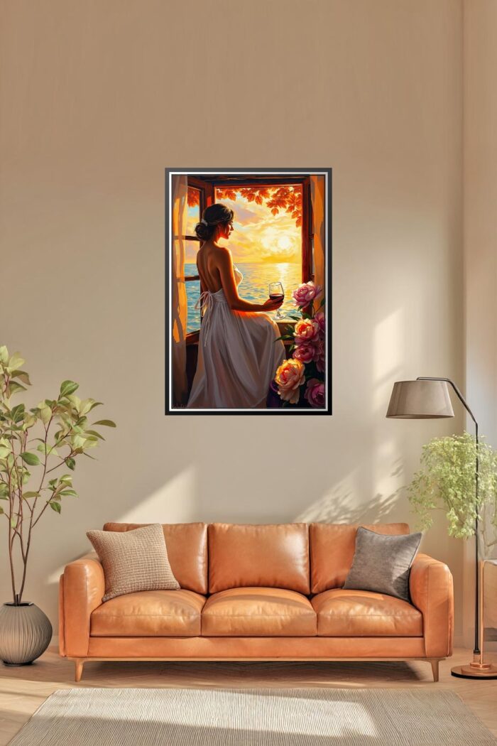 Woman with Wine at Sunset Poster – Romantic Realism Oil Painting Style picture