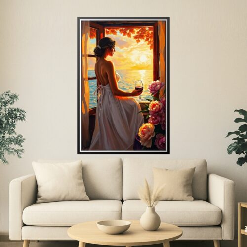 Woman with Wine at Sunset Poster – Romantic Realism Oil Painting Style picture