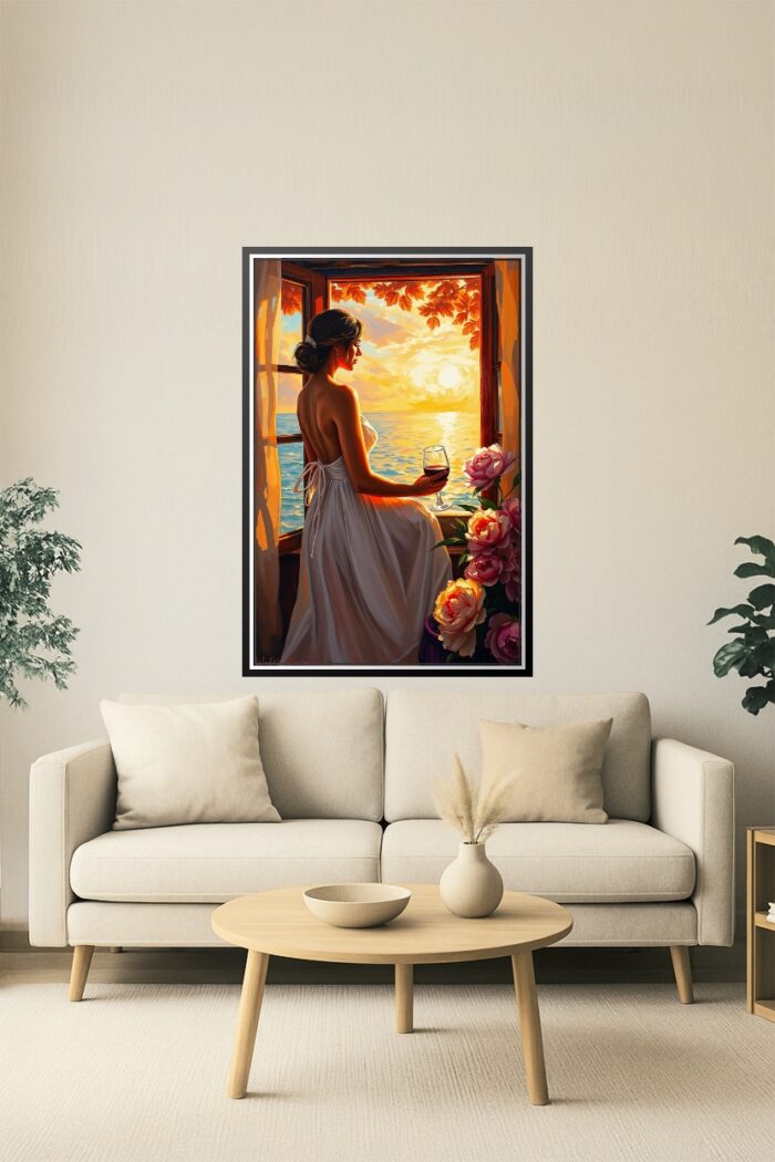 Woman with Wine at Sunset Poster – Romantic Realism Oil Painting Style picture