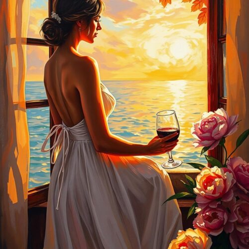 Woman with Wine at Sunset Poster – Romantic Realism Oil Painting Style picture