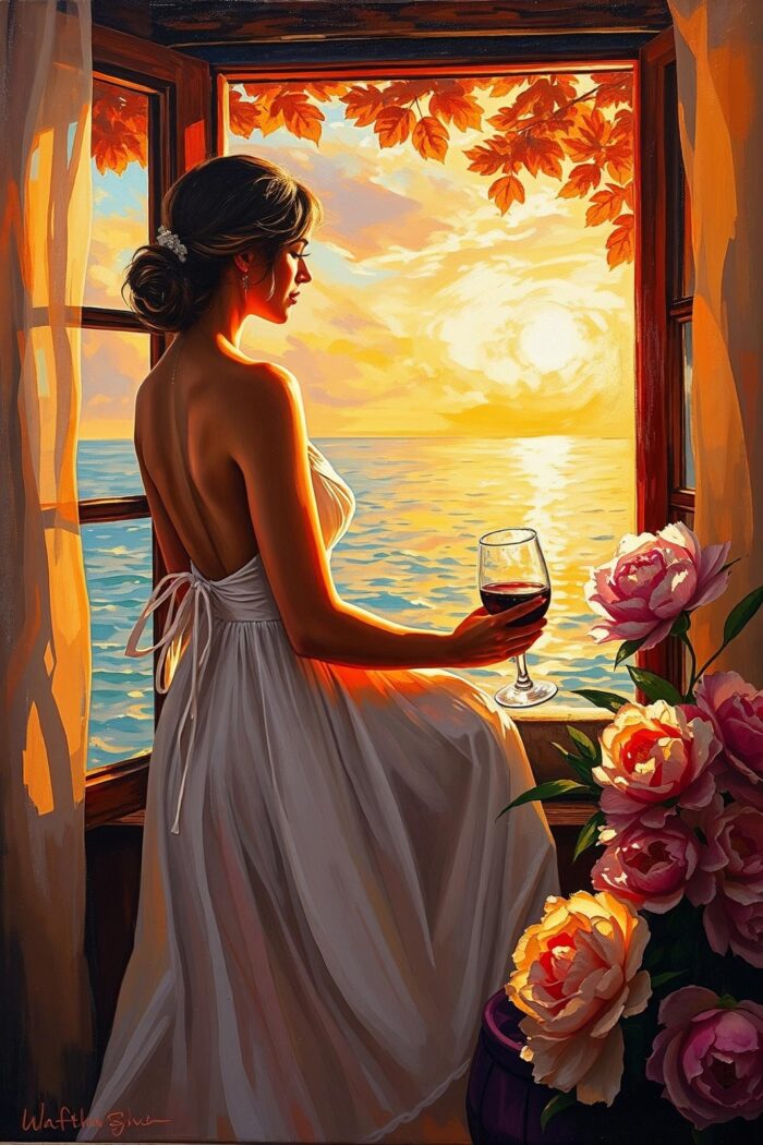 Woman with Wine at Sunset Poster – Romantic Realism Oil Painting Style picture