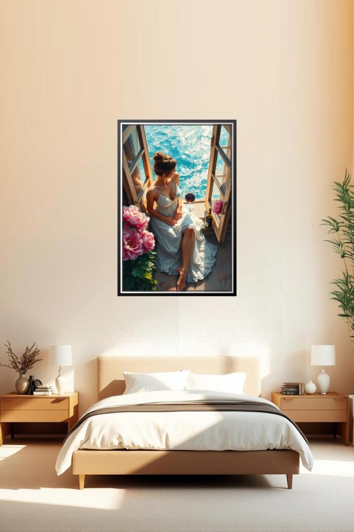 Woman by the Ocean Window Poster – Romantic Realism Oil Painting Style picture