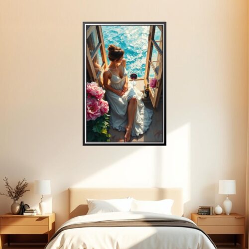 Woman by the Ocean Window Poster – Romantic Realism Oil Painting Style picture