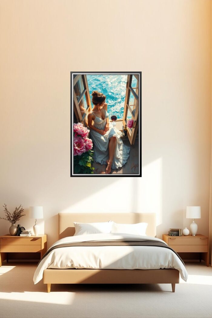 Woman by the Ocean Window Poster – Romantic Realism Oil Painting Style picture