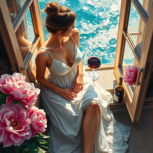 Woman by the Ocean Window Poster – Romantic Realism Oil Painting Style picture