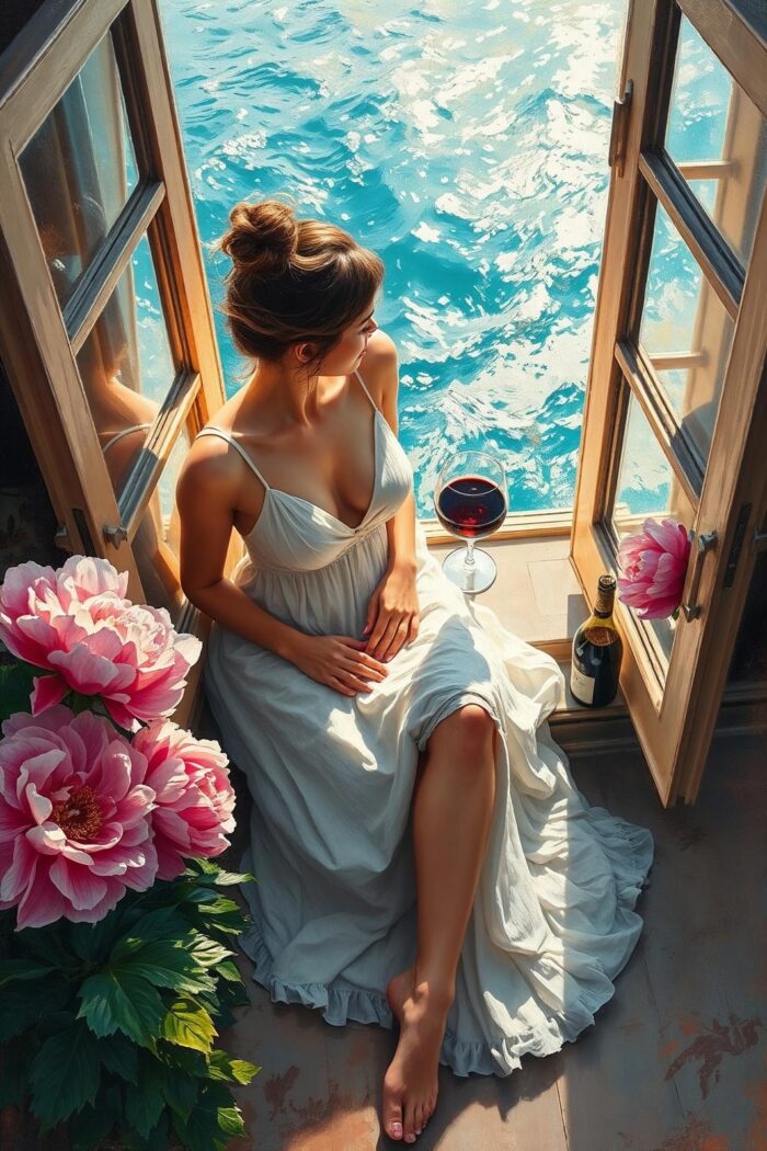 Woman by the Ocean Window Poster – Romantic Realism Oil Painting Style picture