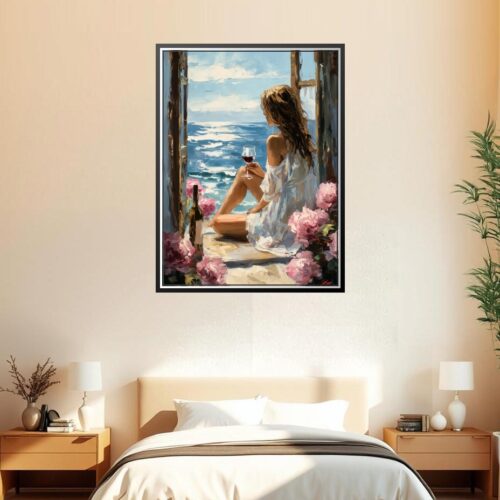 Woman with Wine by the Sea Poster – Impressionist Oil Painting Style picture