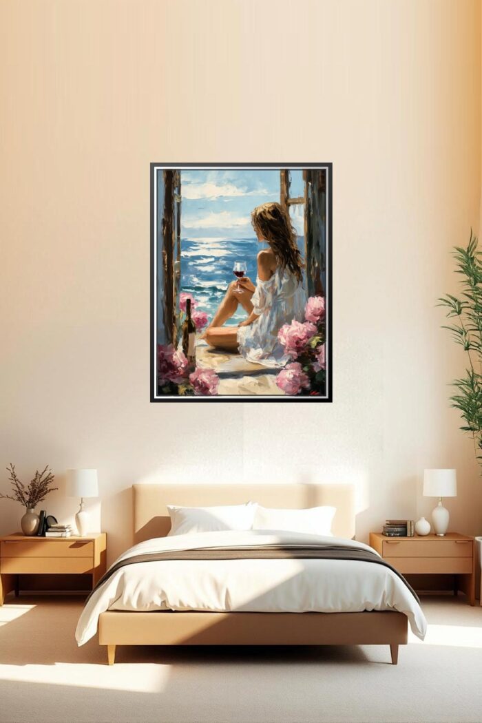 Woman with Wine by the Sea Poster – Impressionist Oil Painting Style picture