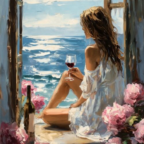 Woman with Wine by the Sea Poster – Impressionist Oil Painting Style picture