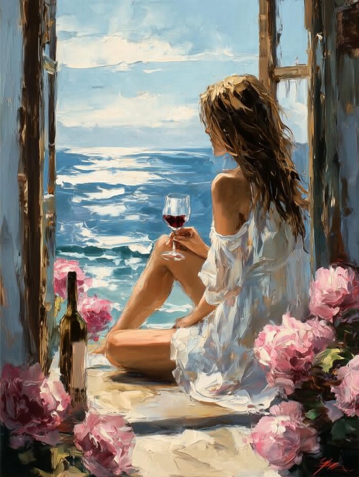 Woman with Wine by the Sea Poster – Impressionist Oil Painting Style picture