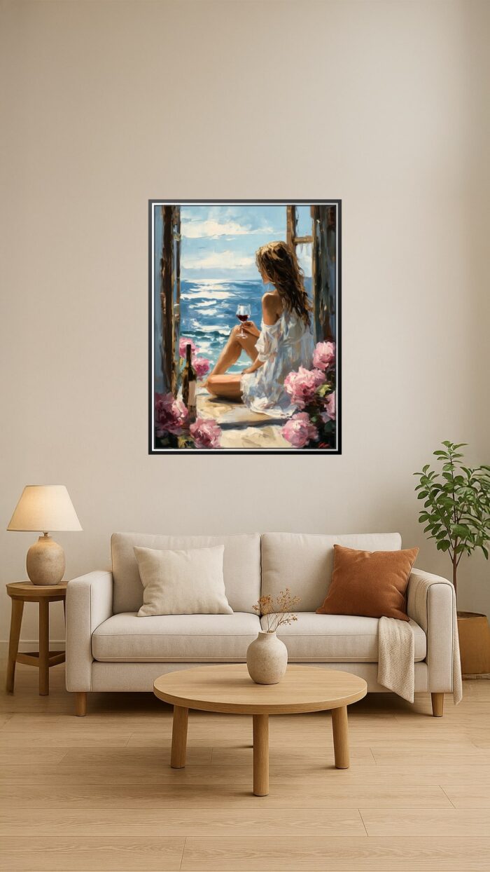 Woman with Wine by the Sea Poster – Impressionist Oil Painting Style picture