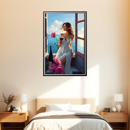 Woman with Wine by the Ocean Poster – Seaside Romantic Realism Oil Painting Style picture