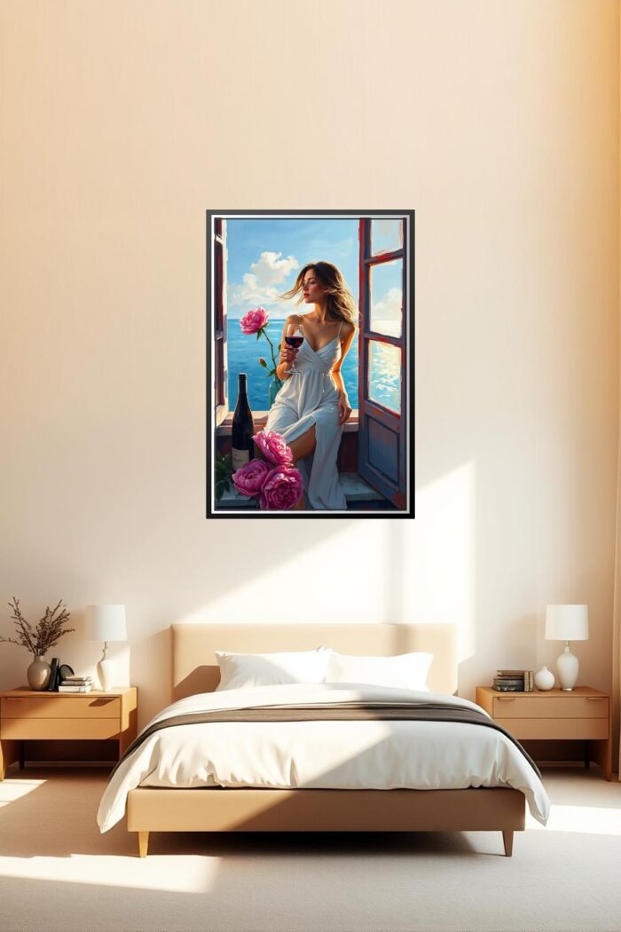 Woman with Wine by the Ocean Poster – Seaside Romantic Realism Oil Painting Style picture