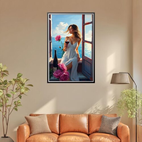 Woman with Wine by the Ocean Poster – Seaside Romantic Realism Oil Painting Style picture