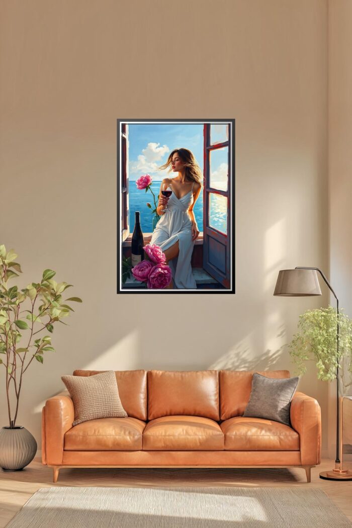 Woman with Wine by the Ocean Poster – Seaside Romantic Realism Oil Painting Style picture