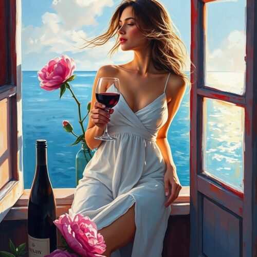 Woman with Wine by the Ocean Poster – Seaside Romantic Realism Oil Painting Style picture