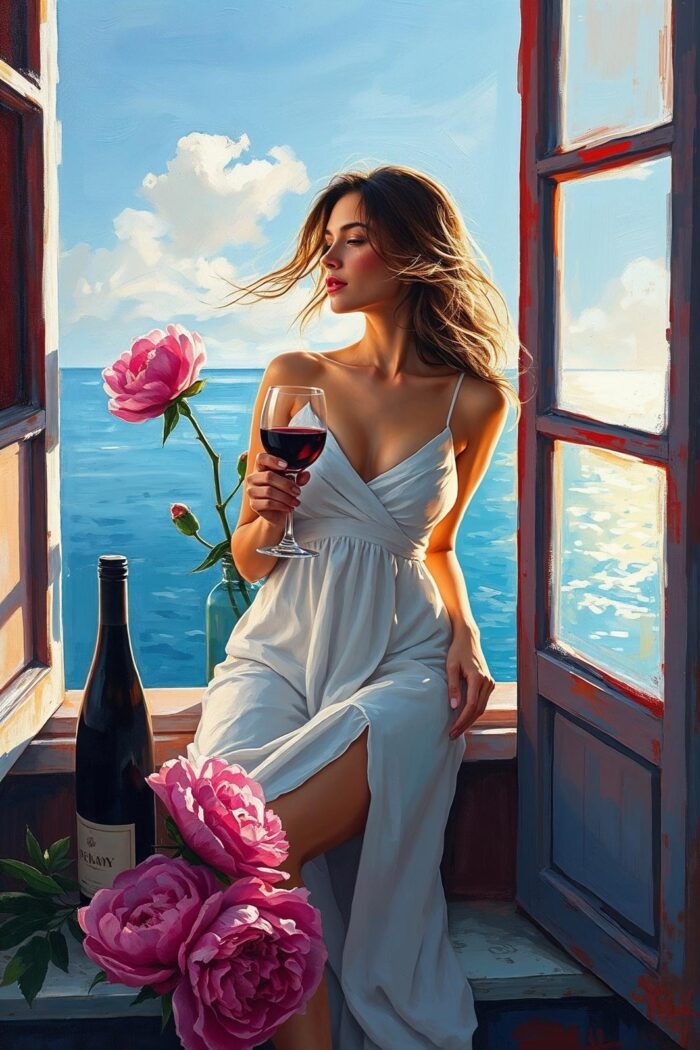 Woman with Wine by the Ocean Poster – Seaside Romantic Realism Oil Painting Style picture