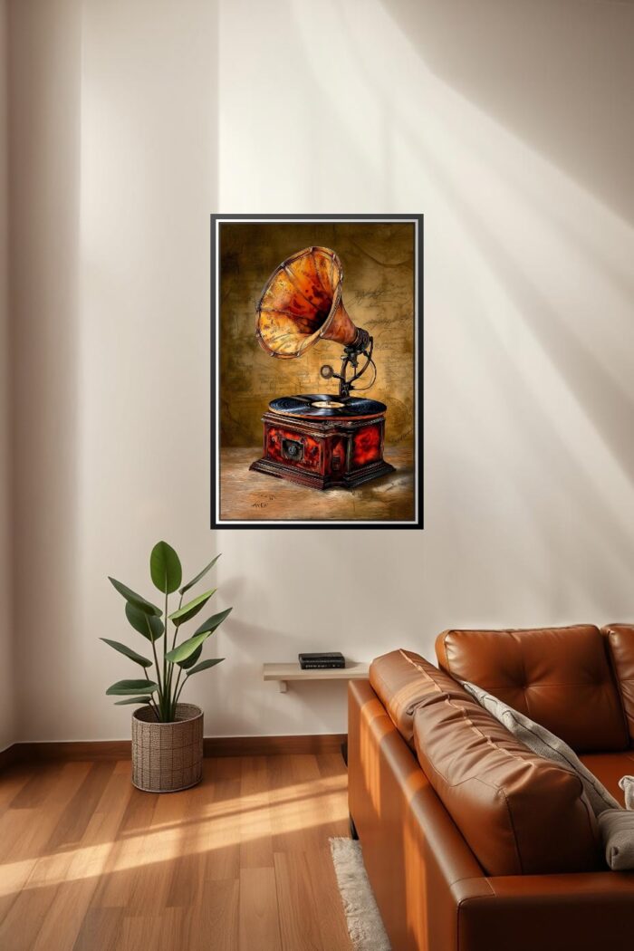 Vintage Gramophone Poster – Steampunk Realism Oil Painting Style picture