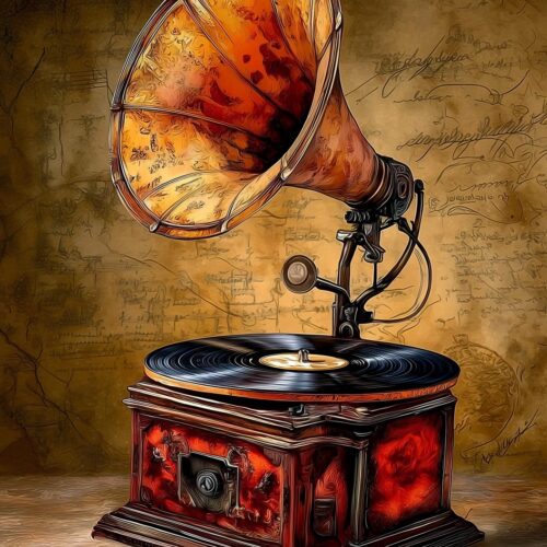 Vintage Gramophone Poster – Steampunk Realism Oil Painting Style picture