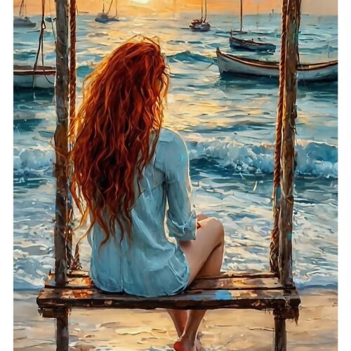 Girl on Swing by the Sea Poster – Impressionist Oil Painting Style picture