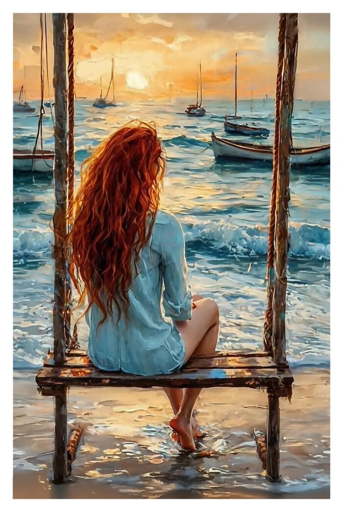 Girl on Swing by the Sea Poster – Impressionist Oil Painting Style picture