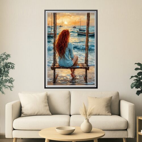 Girl on Swing by the Sea Poster – Impressionist Oil Painting Style picture