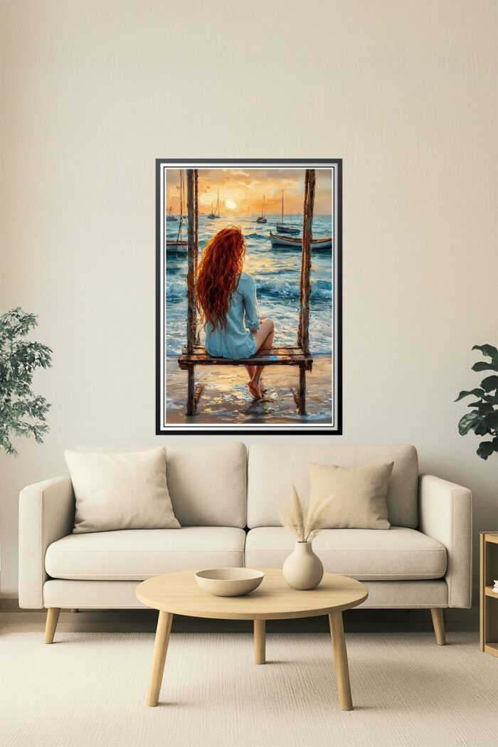 Girl on Swing by the Sea Poster – Impressionist Oil Painting Style picture