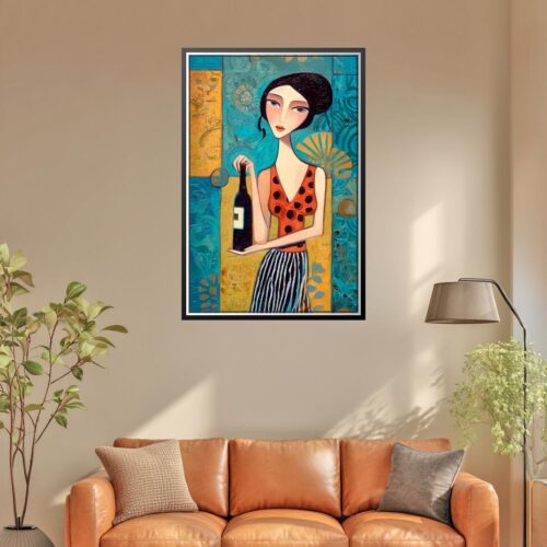 Stylized Woman with bottle of Wine Poster – Modern Cubist Oil Painting Style picture