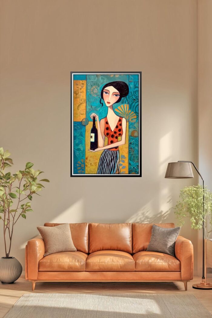 Stylized Woman with bottle of Wine Poster – Modern Cubist Oil Painting Style picture