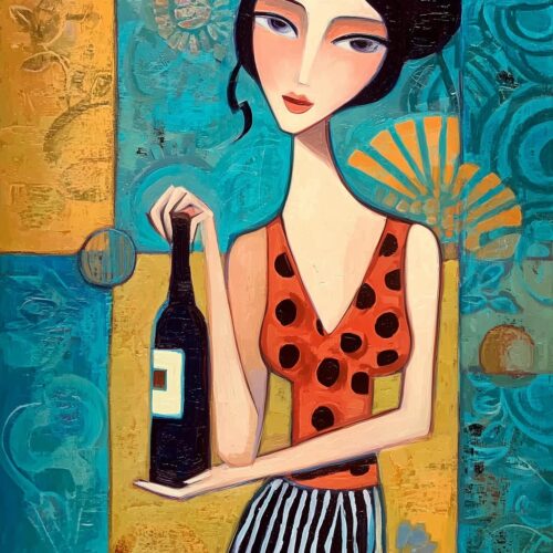 Stylized Woman with bottle of Wine Poster – Modern Cubist Oil Painting Style picture