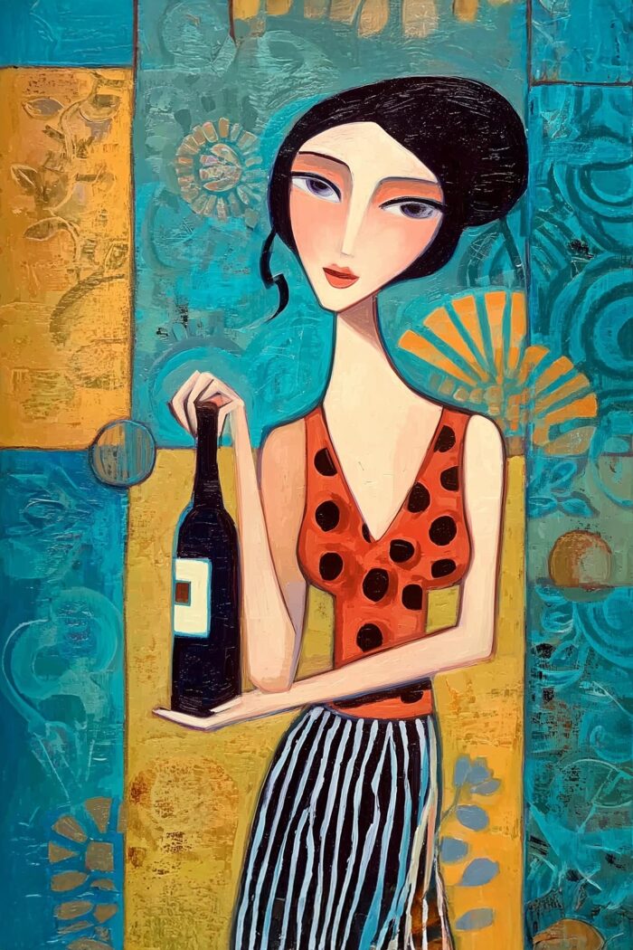 Stylized Woman with bottle of Wine Poster – Modern Cubist Oil Painting Style picture