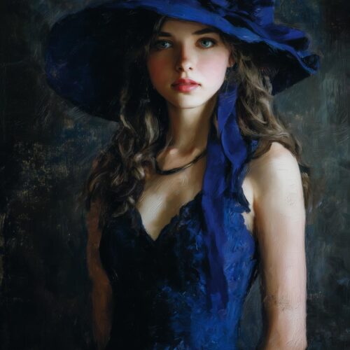 Impressionist Portrait Painting Print - Woman in Blue Hat picture