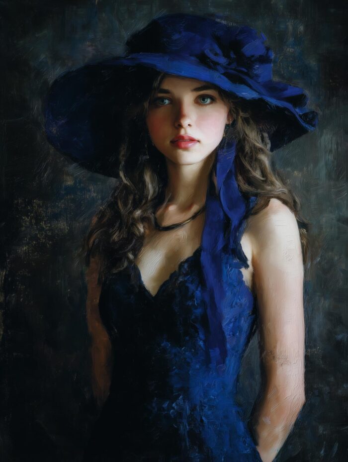 Impressionist Portrait Painting Print - Woman in Blue Hat picture