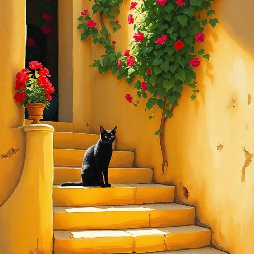 Mediterranean Stairway with Black Cat – Vibrant Impressionist Art Print picture
