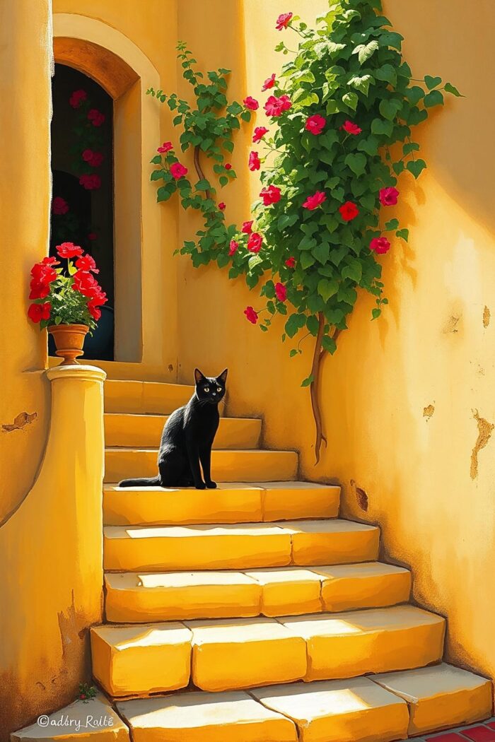 Mediterranean Stairway with Black Cat – Vibrant Impressionist Art Print picture