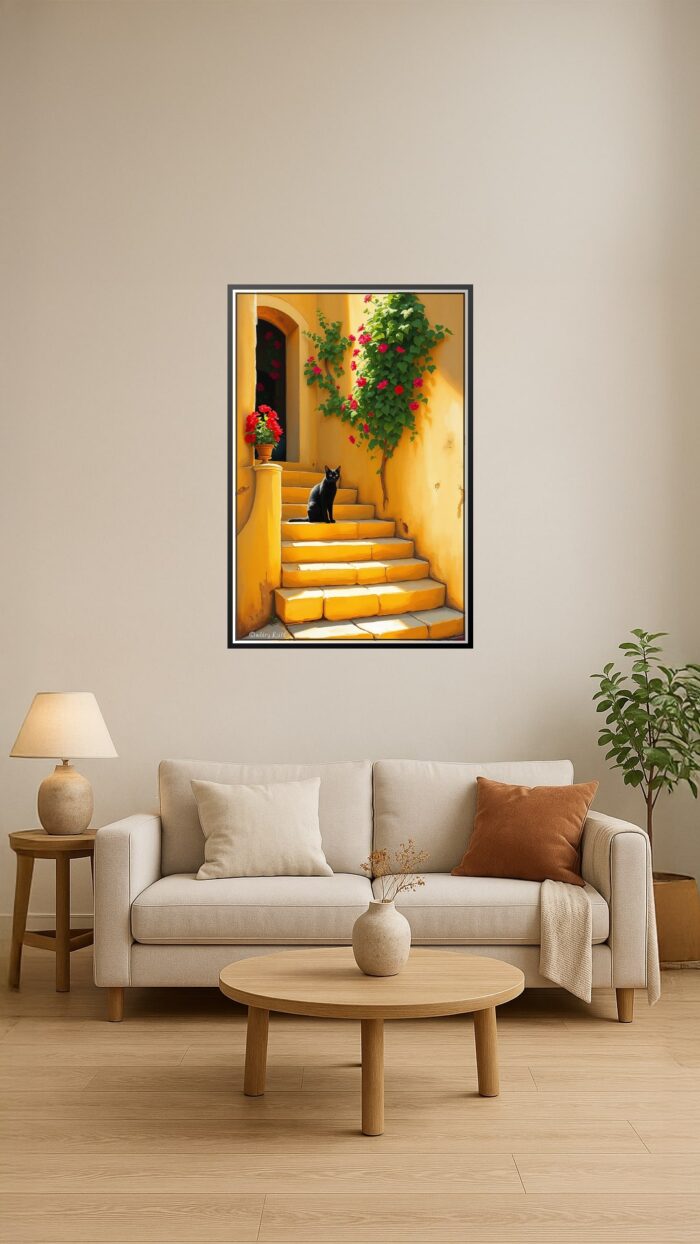 Mediterranean Stairway with Black Cat – Vibrant Impressionist Art Print picture