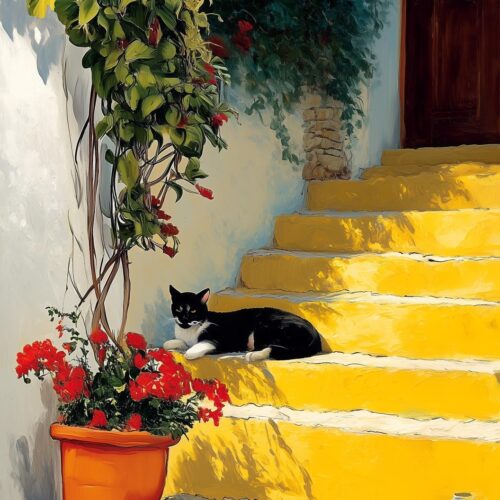 Mediterranean Cat on Yellow Stairs – Impressionist Wall Art Print picture