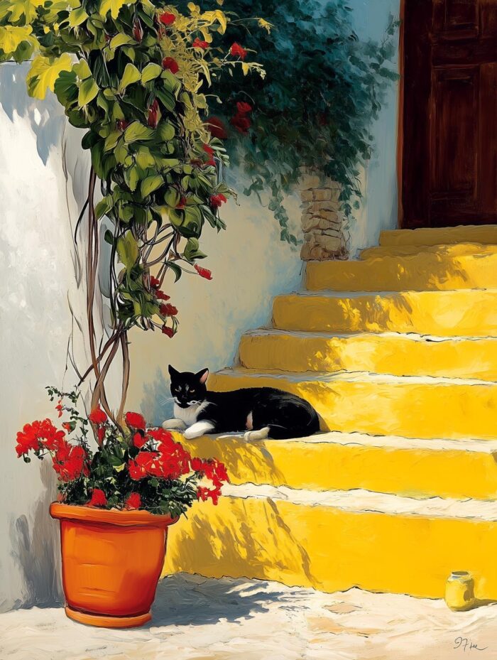 Mediterranean Cat on Yellow Stairs – Impressionist Wall Art Print picture