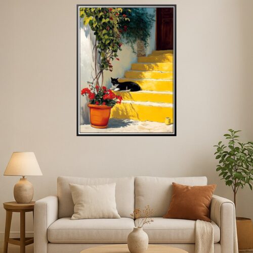 Mediterranean Cat on Yellow Stairs – Impressionist Wall Art Print picture