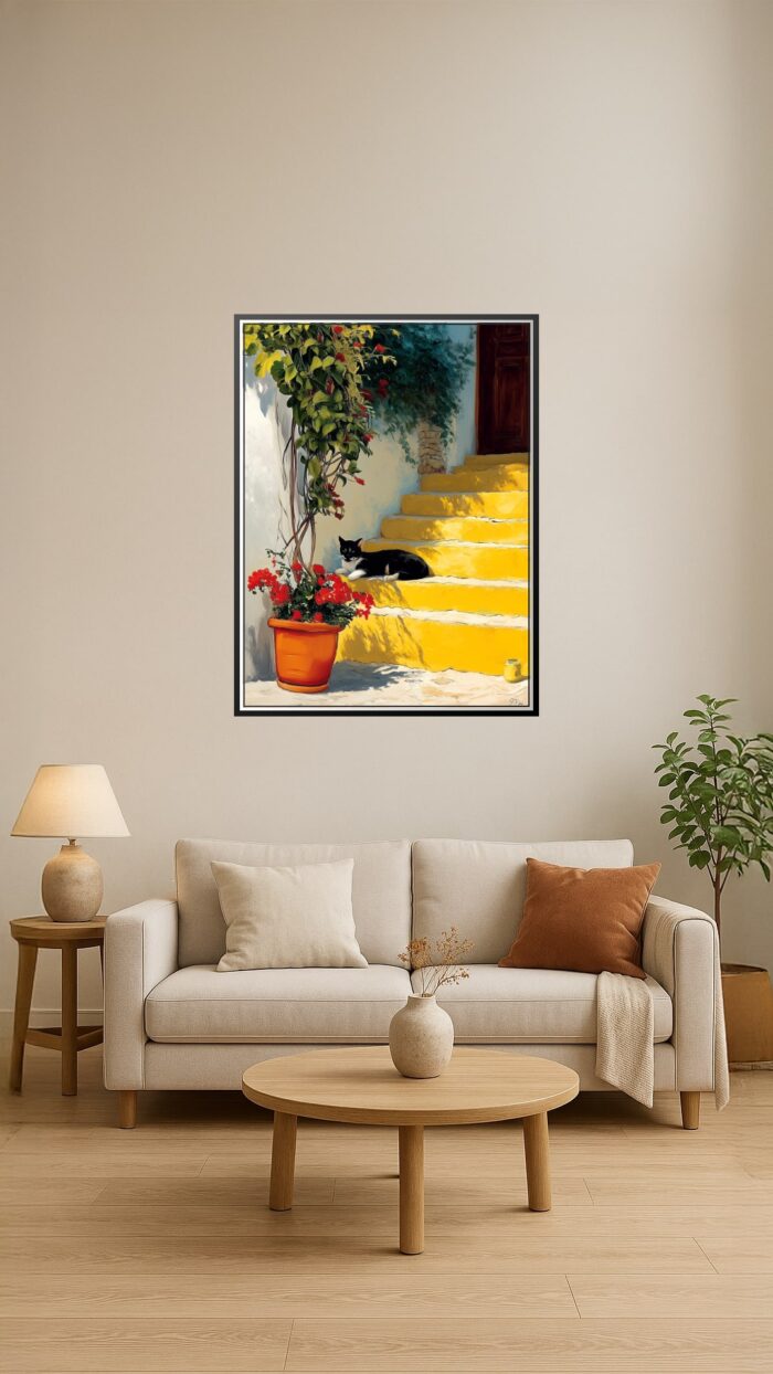 Mediterranean Cat on Yellow Stairs – Impressionist Wall Art Print picture