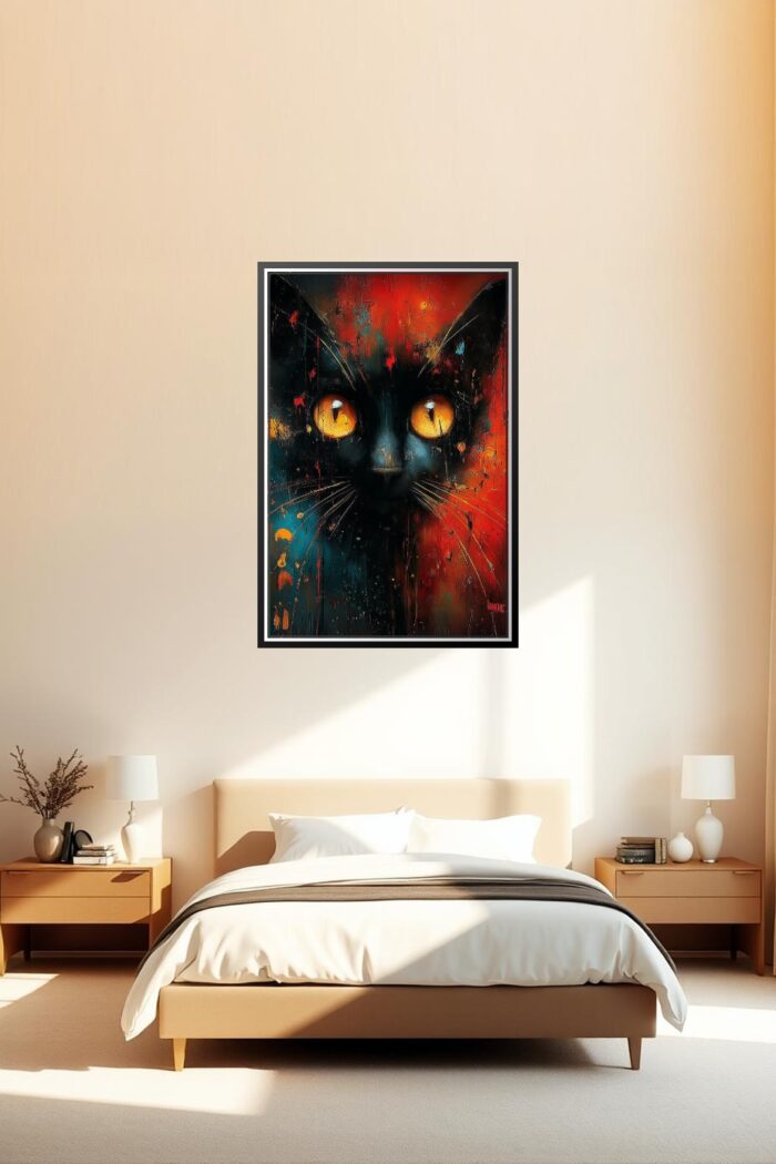 Abstract Black Cat with Fiery Eyes – Modern Expressionist Art Print picture